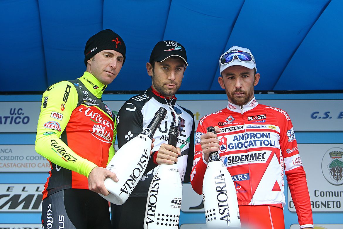 The G.P. Costa degli Etruschi podium finishers enjoying the post-race celebration