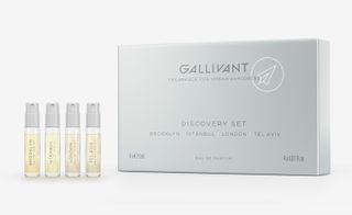 The discovery set includes travel-sized sprays of the four fragrances