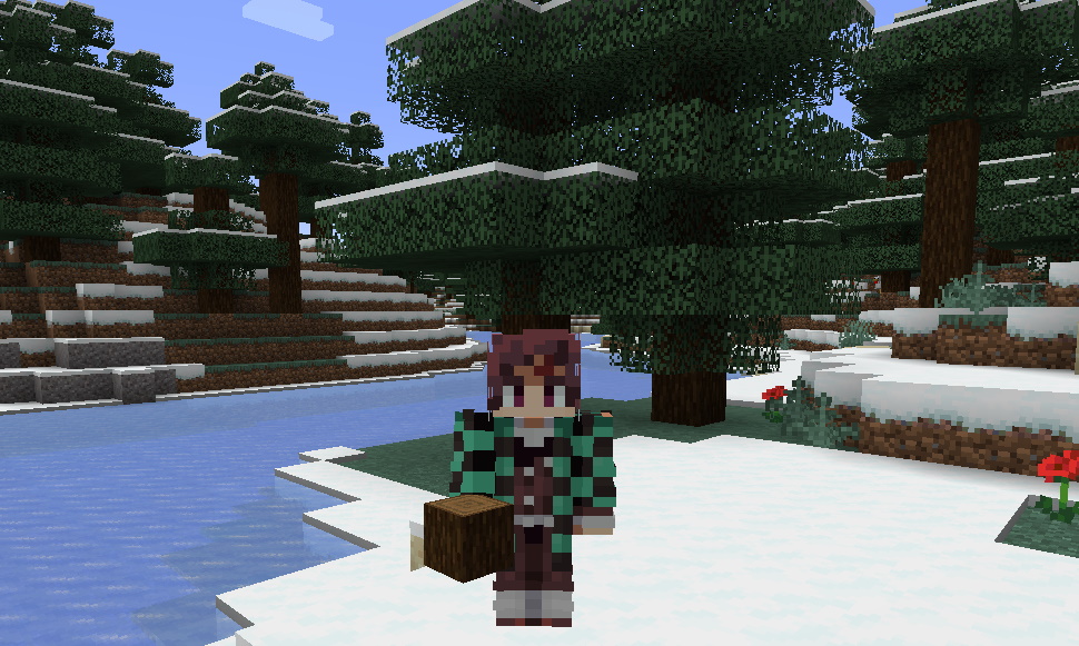 Minecraft skins - Tanjiro from Demon Slayer stands in the snow in Minecraft Slayer