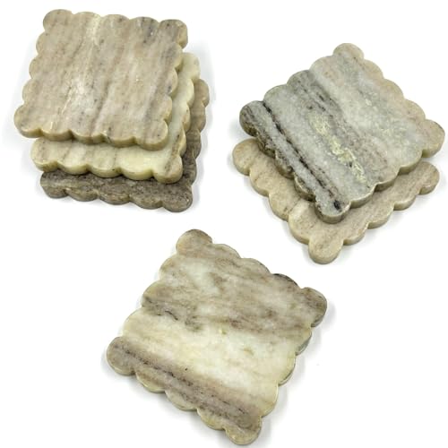 Set of 4 Luxury Natural Marble Scalloped Coasters Set &amp;ndash; Handmade Stone Drink Wine Coasters for Serving, Coffee Table Decor, Housewarming Gift &amp;amp; Wedding Gift &amp;ndash; Modern Home Decor