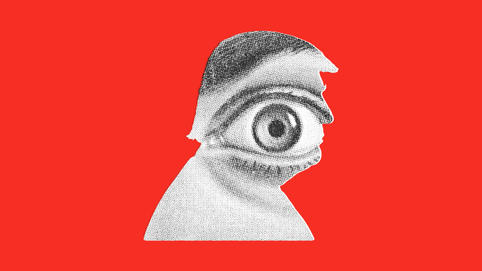 Illustration of a wild-eyed conspiracy theorist framed in Donald Trump's silhouette