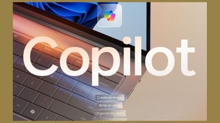 Microsoft Copilot logo and lettering with the new logo on a keyboard