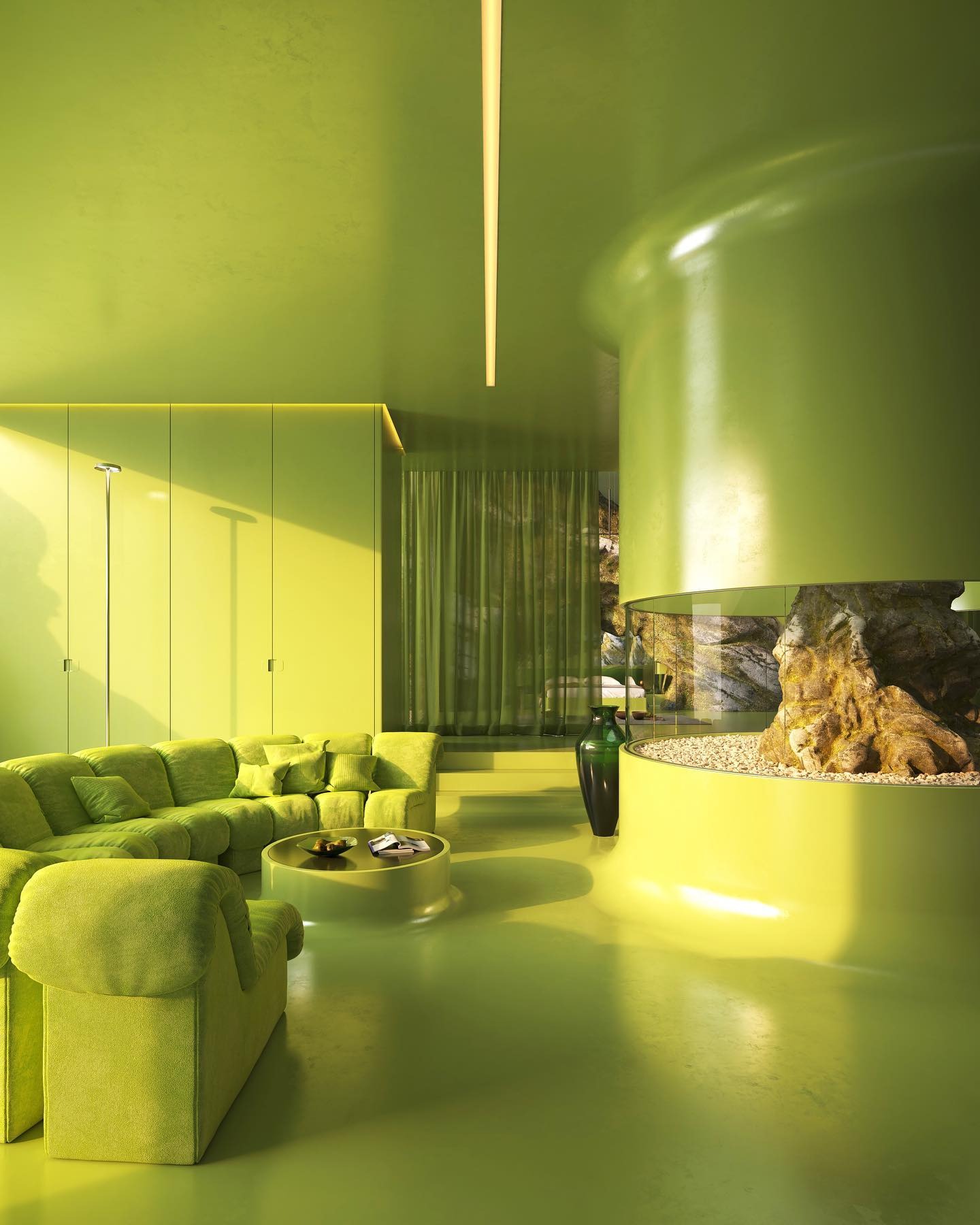 Image of a modern, Space Age living room that is completed color drenched in a lime green color. There is a curved, large sectional sofa in the same lime green.