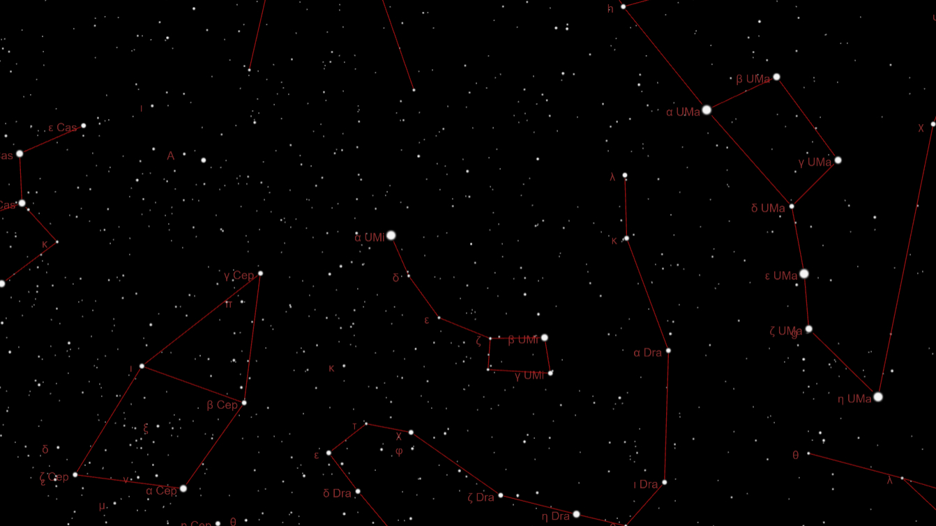 A star map showing the locations and stars of the constellation Cepheus in relation to Ursa Minor and Ursa Major. The stars of the different constellations are joined in red with Cepheus on the left, and Ursa Major on the right.