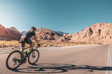 Female road bike rider riding in desert