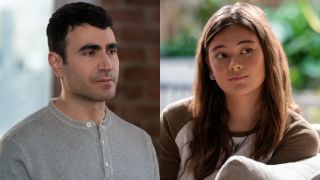 From left to right: a side-by-side of Brett Goldstein clean shaven and looking kind of sad and Lukita Maxwell almost smiling in Shrinking Season 2.