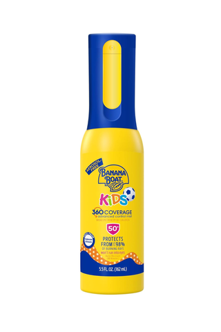 A bottle of Banana Boat Kids sunscreen set against a white background.