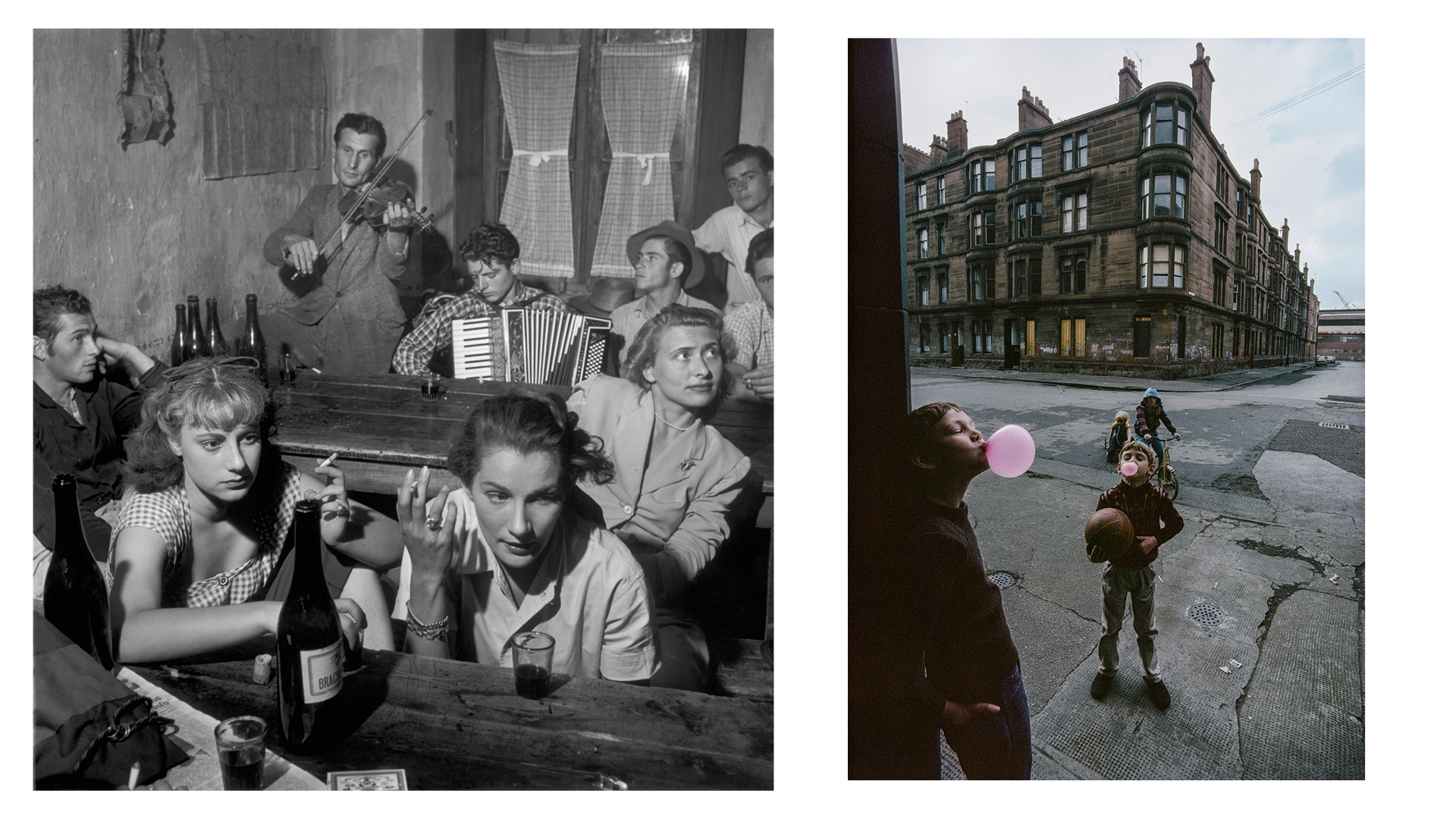 Montage of two photographs. Left: &#039;On the set of the film: &amp;quot;Bitter Rice&amp;quot;. Italy. 1950, taken by Robert Capa. Right: Photograph of a street scene in Glasgow, Scotland. 1980, taken by Raymond Depardon.