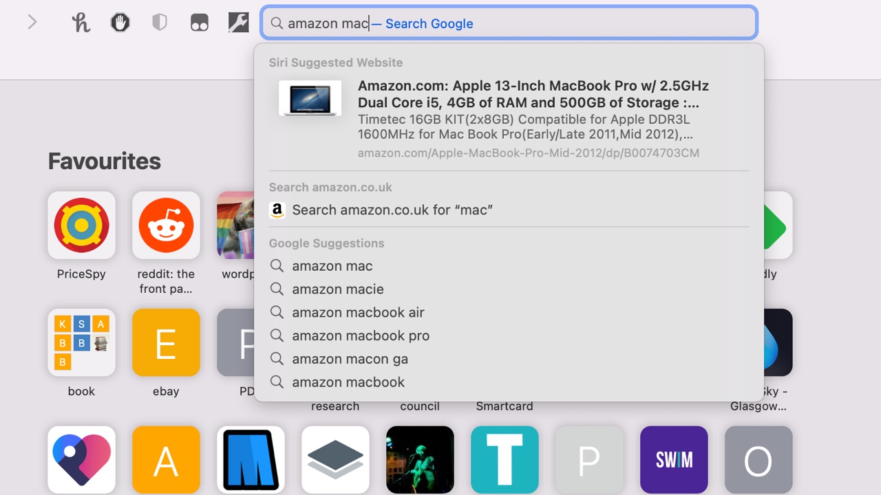 Screen show showing macOS options for searching websites in safari