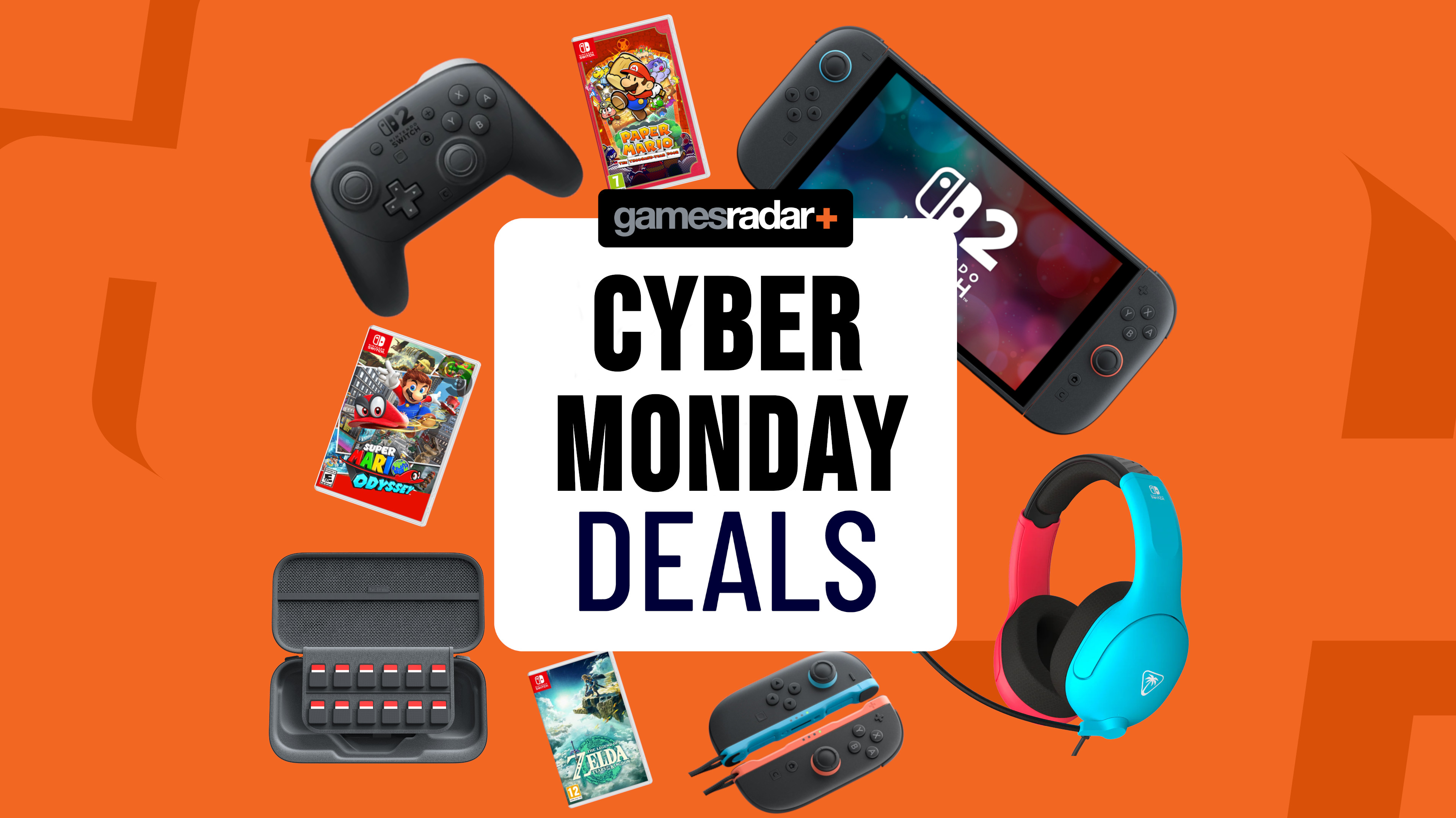 Nintendo Switch consoles, games, and accessories on an orange background with Cyber Monday deals badge