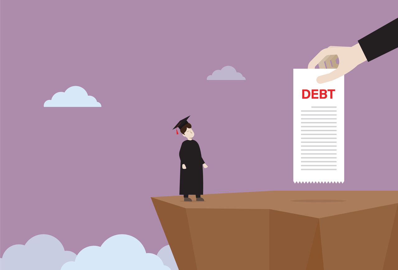 An illustrated image of a graduate being handed a piece of paper with the word &amp;#039;debt&amp;#039; on it