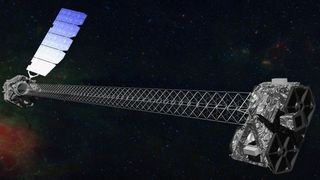 This illustration shows NASA’s NuSTAR X-ray telescope in space. 