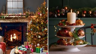 Christmas living roomw ith decirated tree and fireplace with dining table with cake stand dressed with baubles as an idea for decorate when hosting a Christmas party