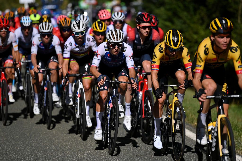 LAGUARDIA SPAIN AUGUST 23 LR Ilan Van Wilder of Belgium and Team QuickStep Alpha Vinyl and Primoz Roglic of Slovenia and Team Jumbo Visma compete during the 77th Tour of Spain 2022 Stage 4 a 1524km stage from VitoriaGasteiz to Laguardia 627m LaVuelta22 WorldTour on August 23 2022 in Laguardia Spain Photo by Justin SetterfieldGetty Images