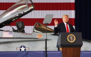 A Space Force like the one ordered by President Donald Trump could potentially help defend Earth against future asteroid impact threats. Here, Trump addresses troops at Miramar Marine Corps Air Station in San Diego on March 13, 2018.