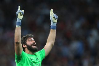 Liverpool's Alisson Becker celebrates during the 2019 Champions League final against Tottenham.
