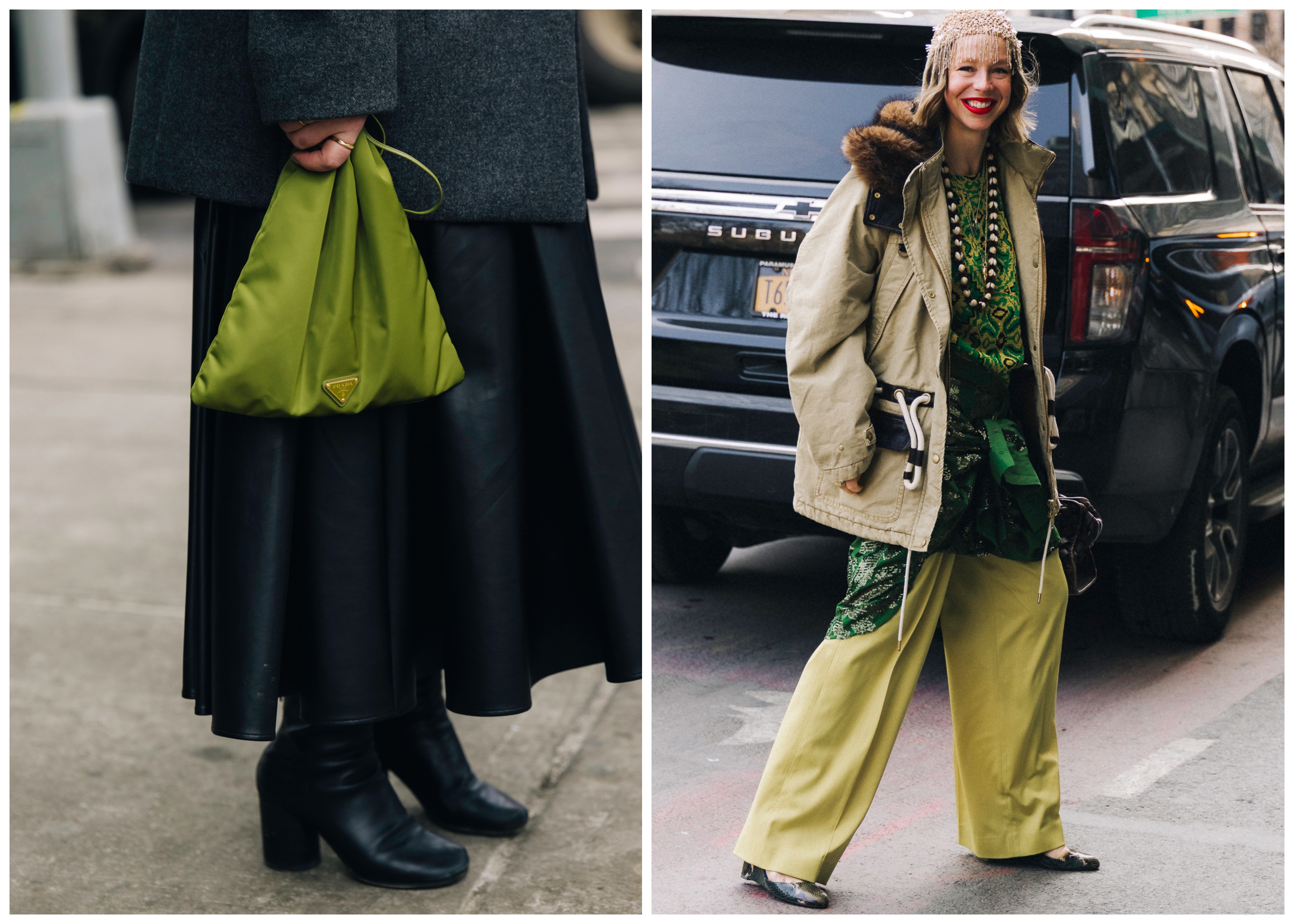 collage of women wearing the green color trend during Fall 2026 NYFW