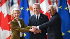 European Commission President Ursula von der Leyen, Canada Prime Minister Mark Carney and European Council President Antonio Costa meet in Brussels