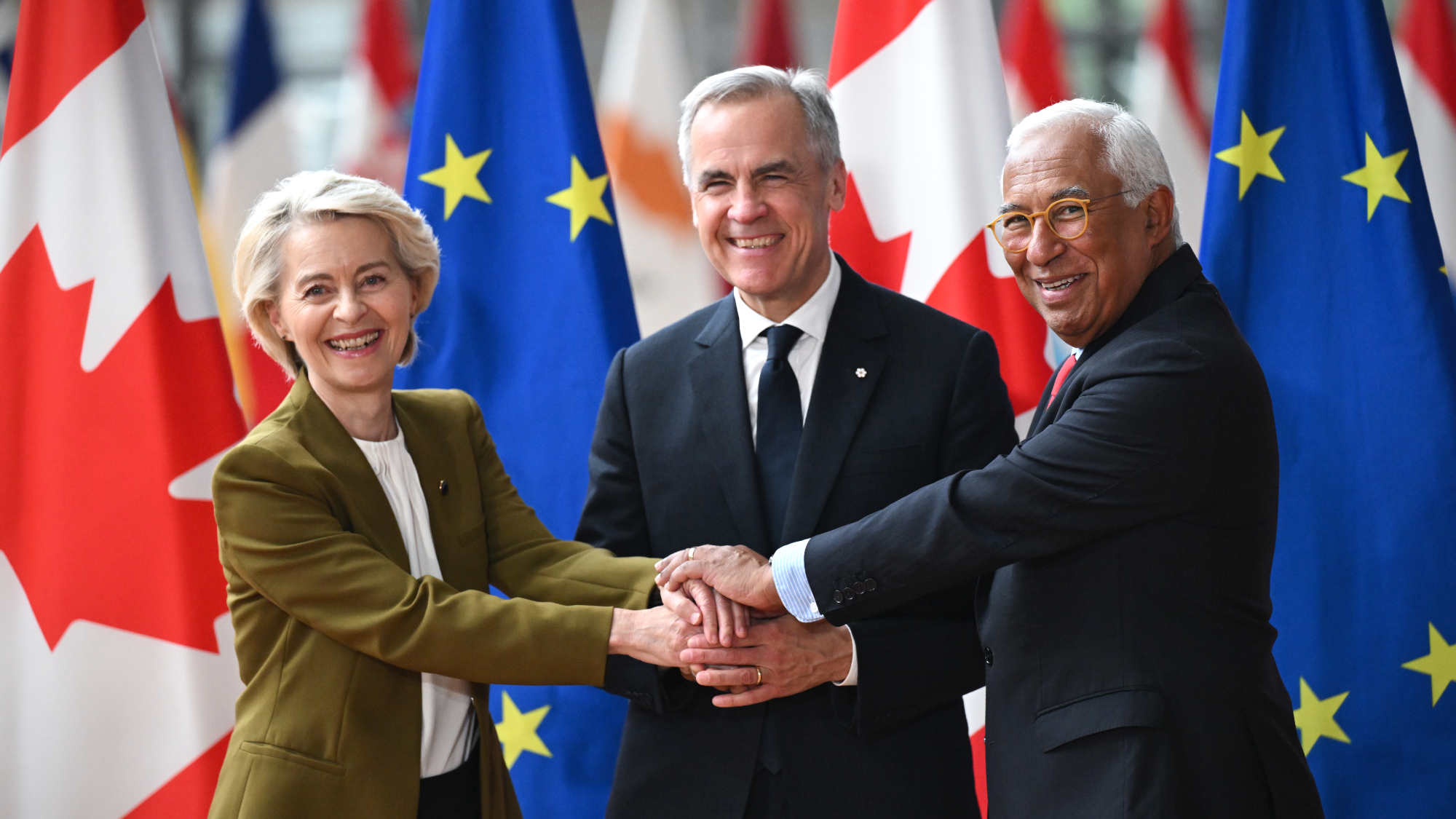 European Commission President Ursula von der Leyen, Canada Prime Minister Mark Carney and European Council President Antonio Costa meet in Brussels
