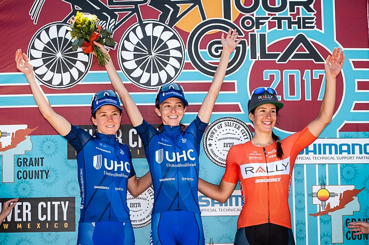UnitedHealthcare's Ruth Winder and Katie Hall on the Tour of the Gila stage 1 podium with Rally Cycling's and Sara Bergen