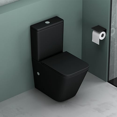 Mai & Mai Bathroom Close Coupled Toilet Rimless Toilet Pan With Soft Close Toilet Seat | Matt Black | 37.5x67.5x82cm | Comfort Height Wc Incl.cistern Easy Clean | Stand112t