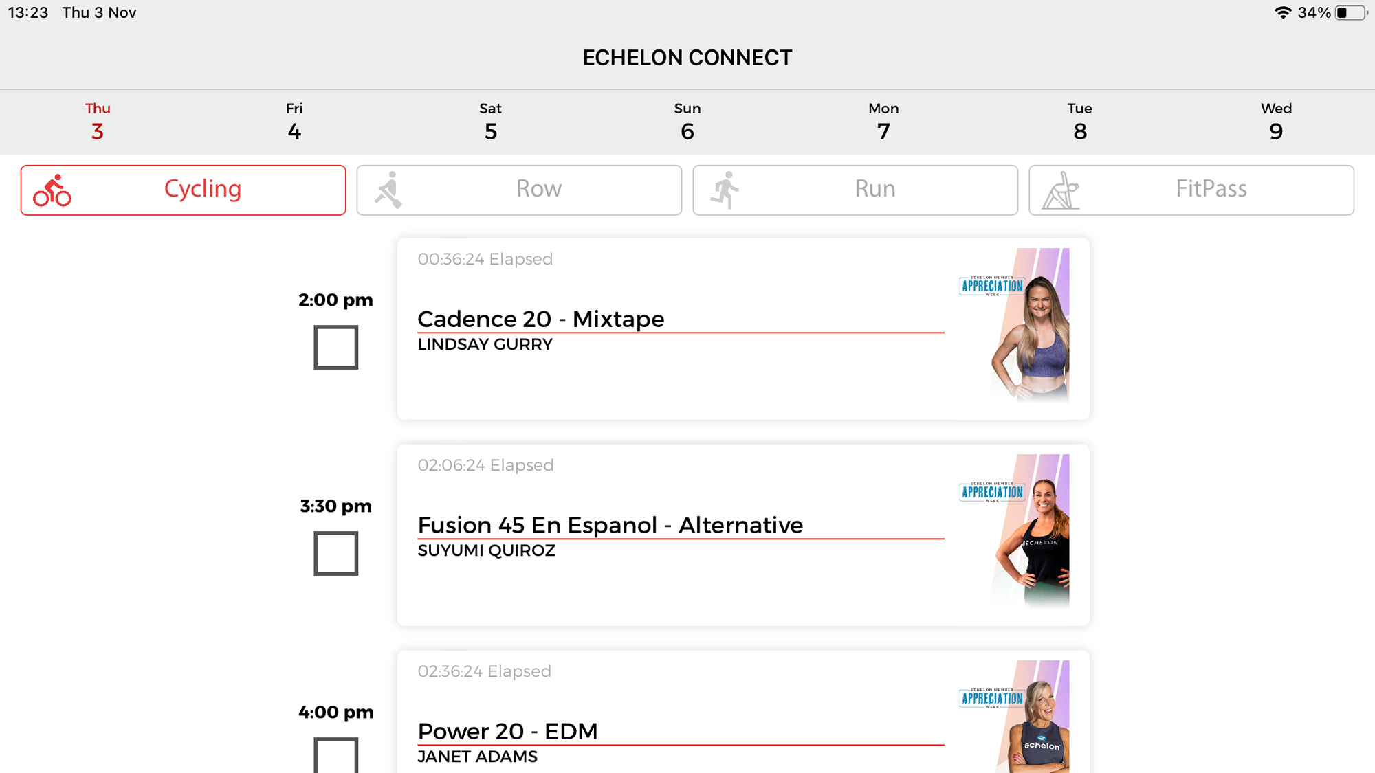 Echelon Ex-3 Smart Connect Bike app screen shot