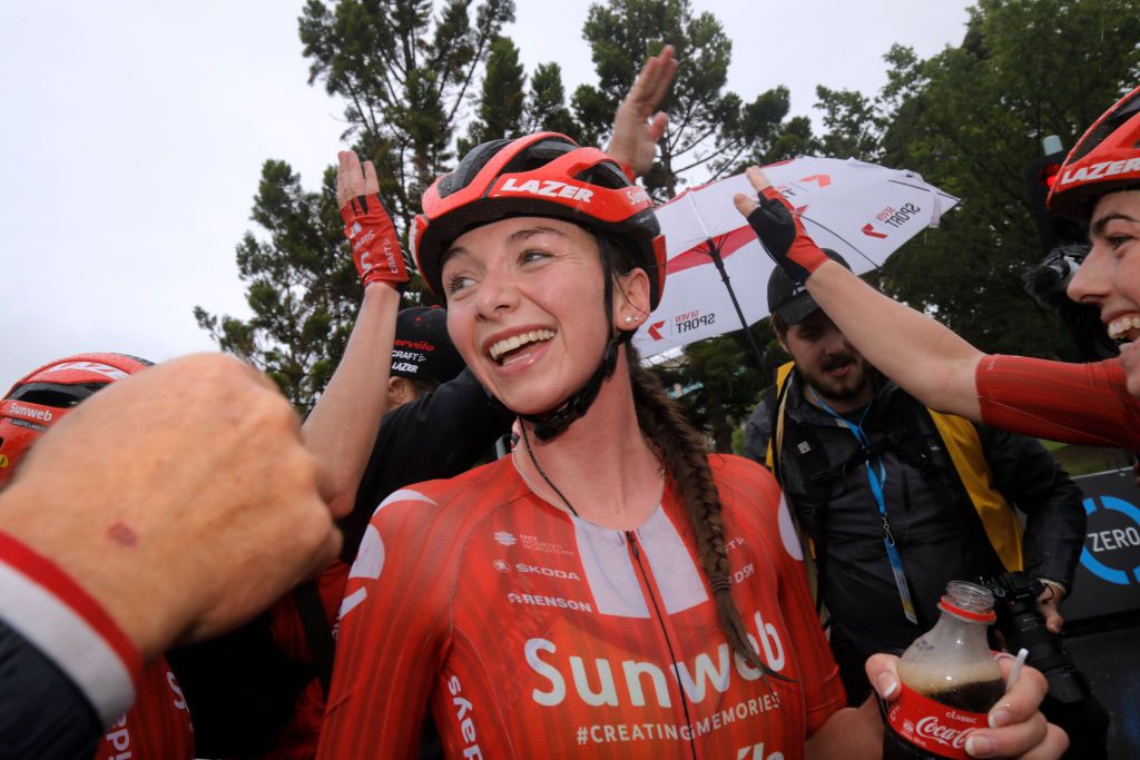 Sunweb&rsquo;s Liane Lippert celebrates taking victory at the 2020 Cadel Evans Great Ocean Road Race women&rsquo;s event