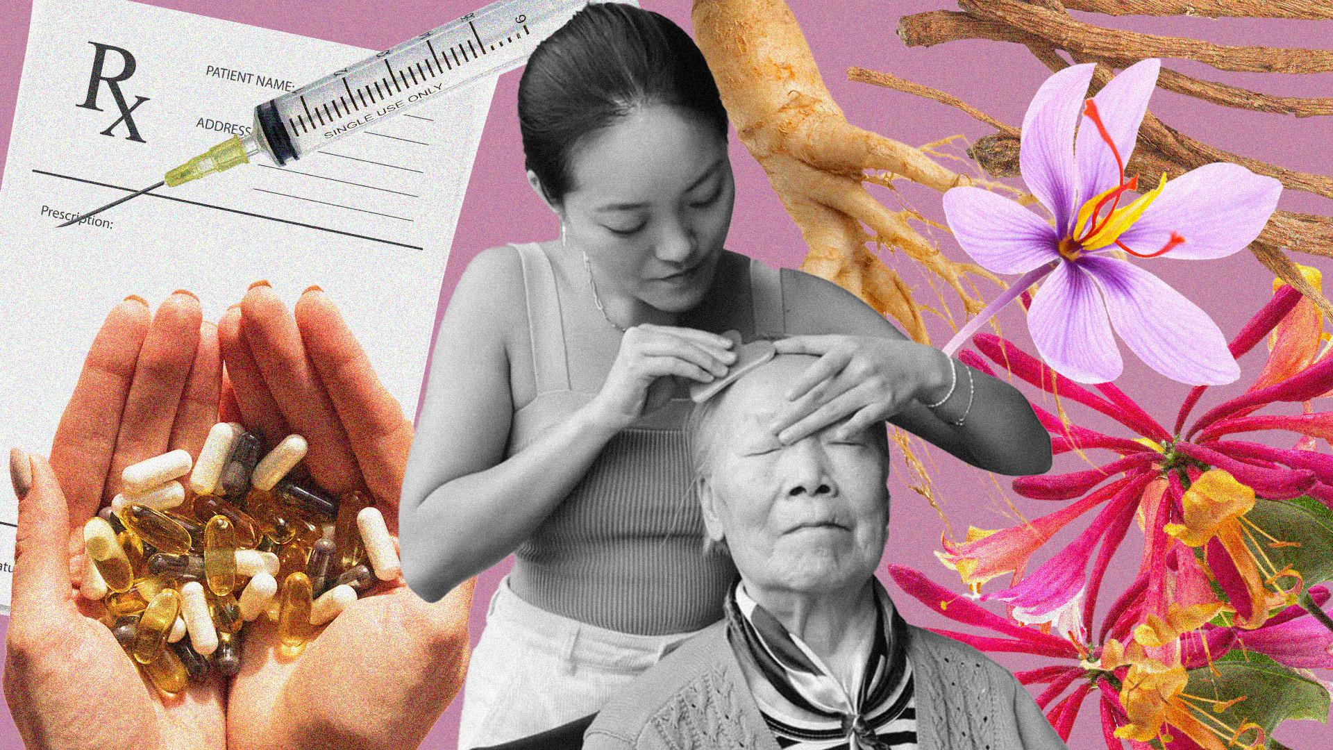 Collage of Eastern and Western medicine elements