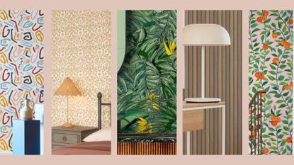 compilation image of different rooms showing the key wallpaper trends 2023 including tropical prints, imitation wood and cottagecore florals
