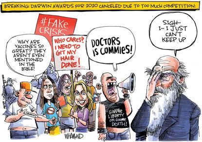 Editorial Cartoon U.S. anti lockdown protesters darwin awards coronavirus
