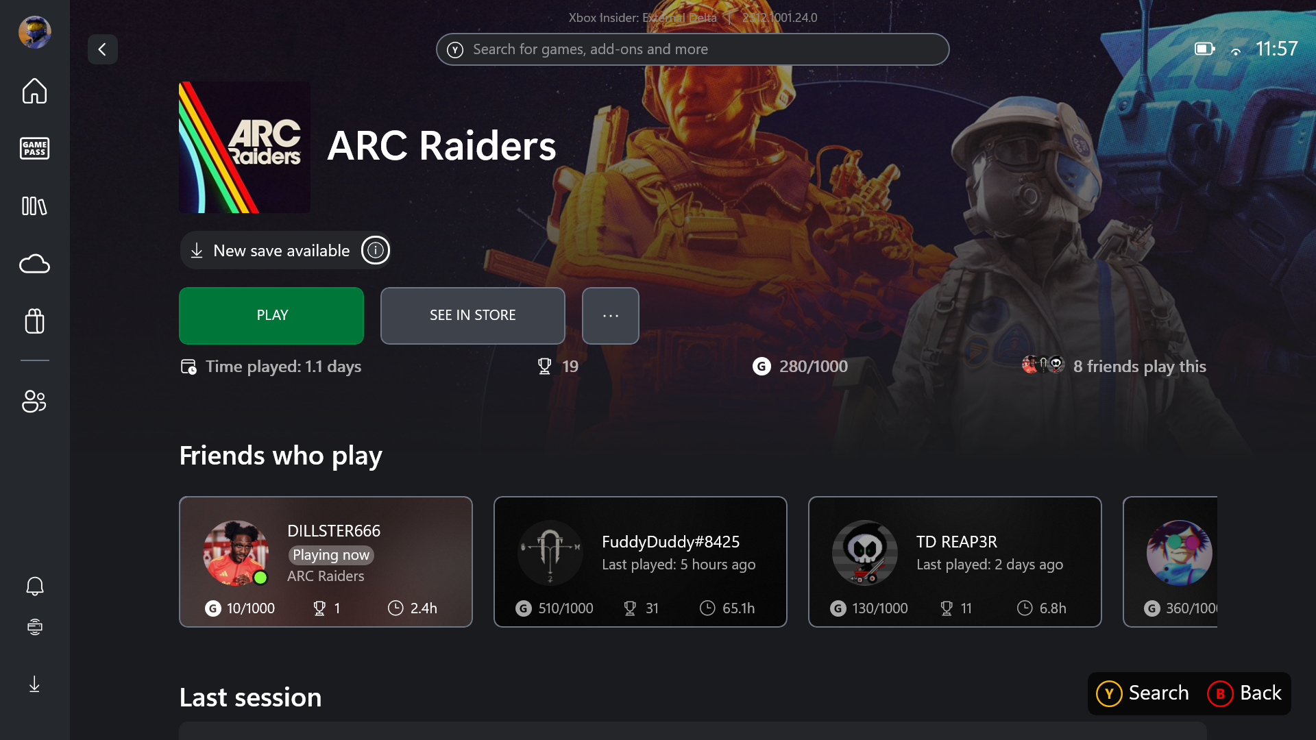 Screenshot of Xbox app showing games with cloud save indicator