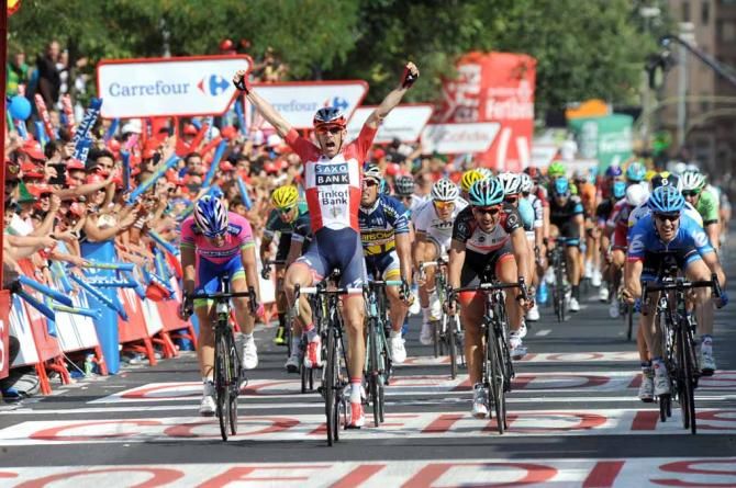 Michael M&oslash;rk&oslash;v (Saxo-Tinkoff) wins the sprint in Caceres on stage 6 of the Vuelta a Espana.