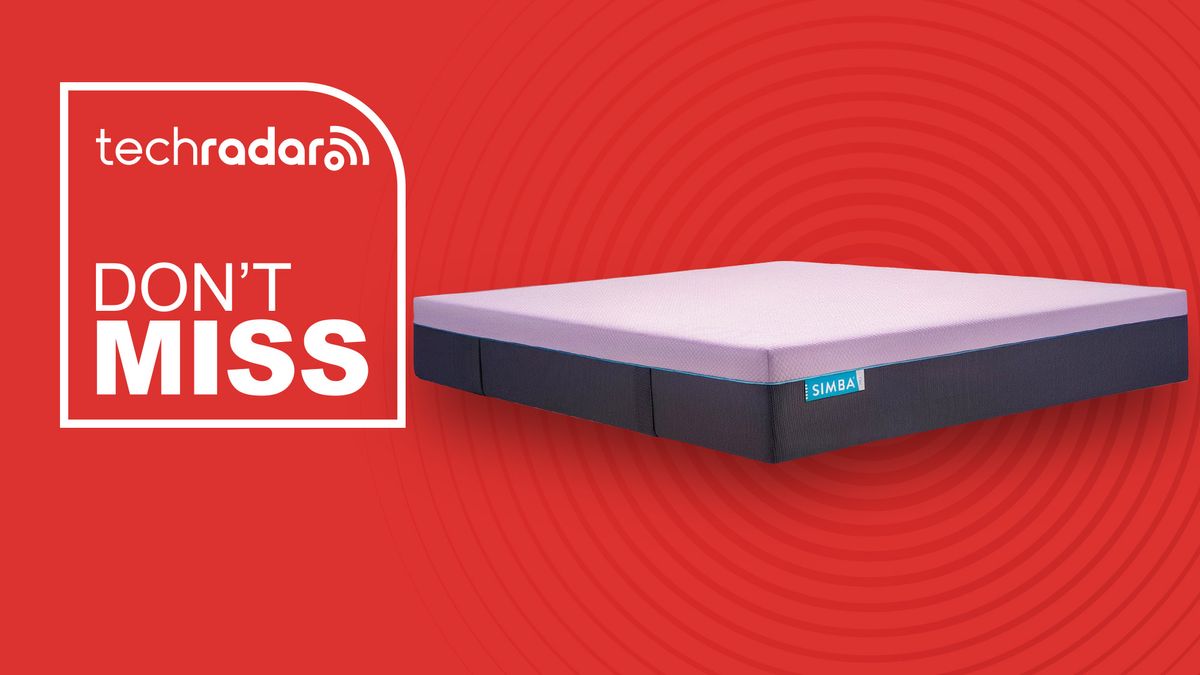 A Simba Hybrid Pro mattress against a red background with a badge saying &quot;Don&#039;t miss&quot;