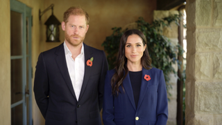 Prince Harry and Meghan Markle stand together in their home for a video