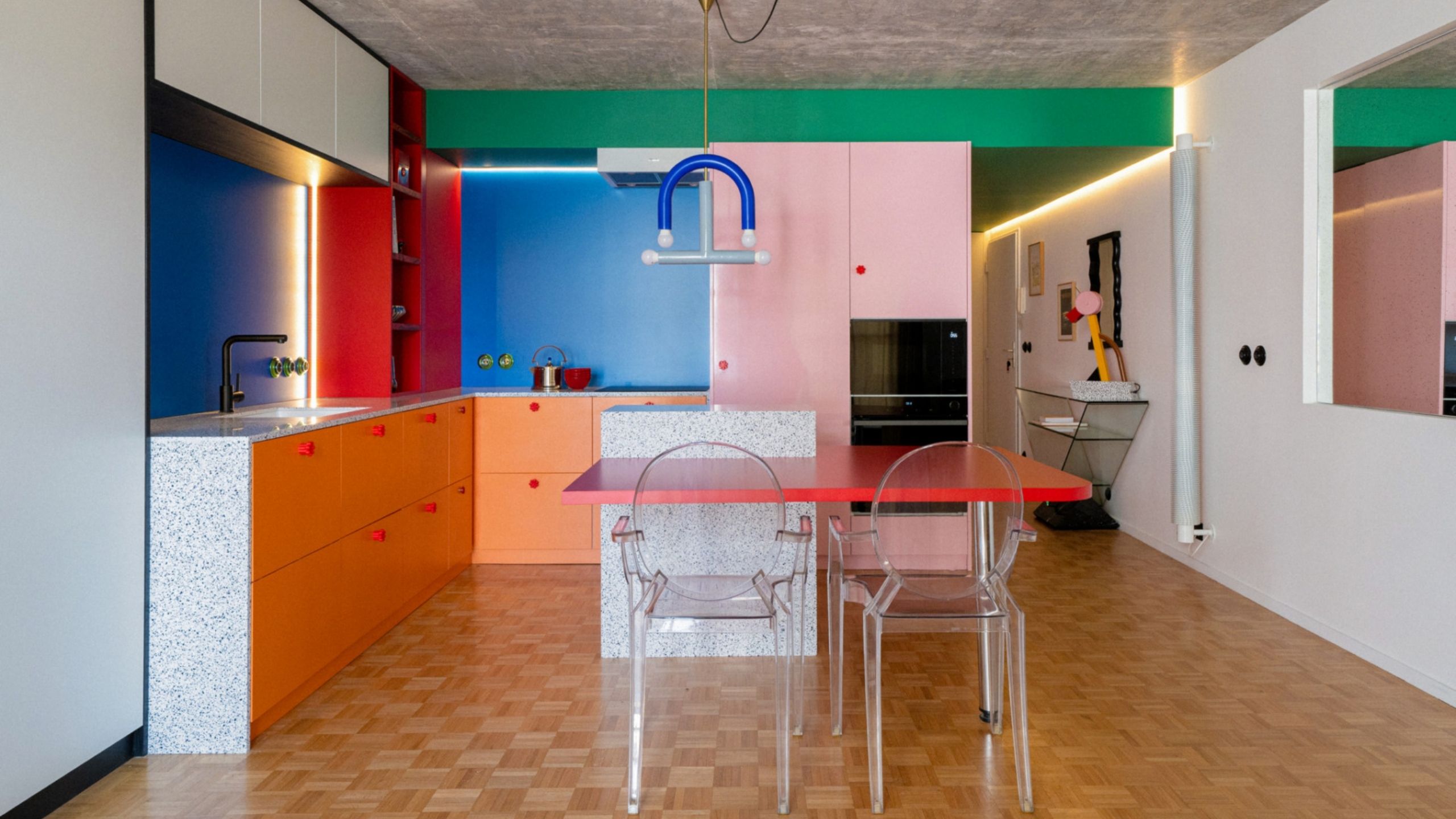 A Memphis-style kitchen in bold colors.