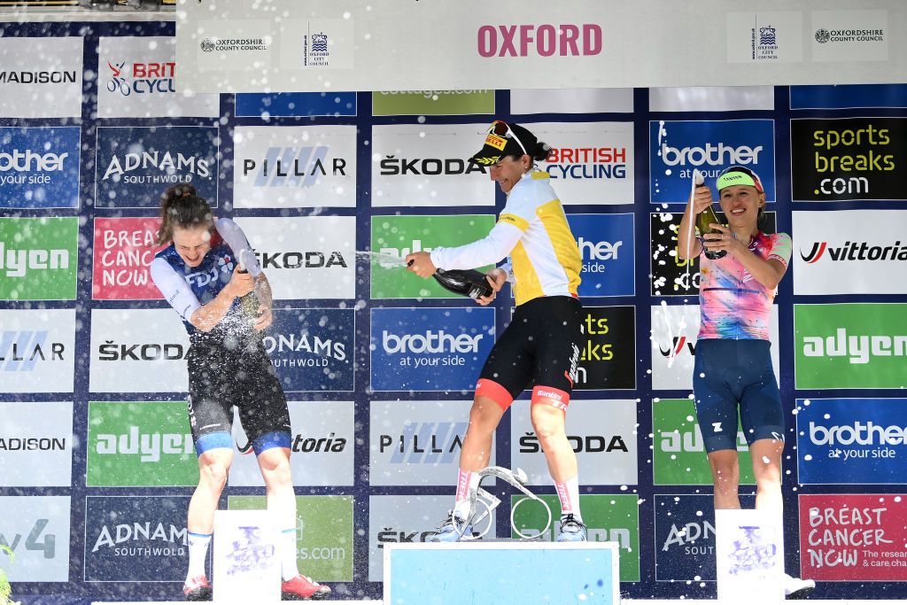 OXFORD ENGLAND JUNE 11 LR Grace Brown of Australia and Team FDJ Nouvelle Aquitaine Futuroscope on second place race winner Elisa Longo Borghini of Italy and Team Trek Segafredo yellow leader jersey and Katarzyna Niewiadoma of Poland and Team CanyonSram Racing on third place pose and celebrateon the podium ceremony after the t8th The Womens Tour 2022 Stage 6 a 1429km stage from Chipping Norton to Oxford WomensTour UCIWWT on June 11 2022 in Oxford England Photo by Justin SetterfieldGetty Images
