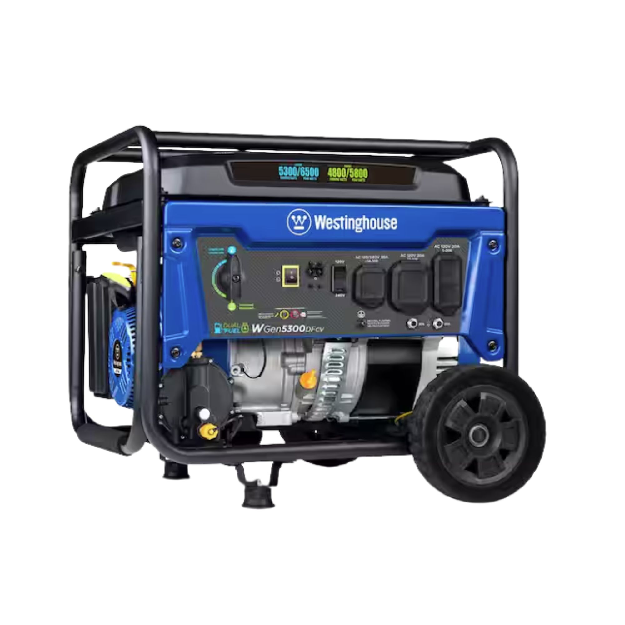 Blue and black portable generator on a white background