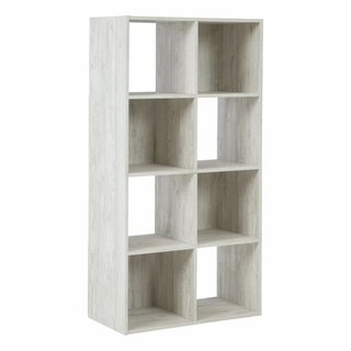 A storage shelving unit in grey wood