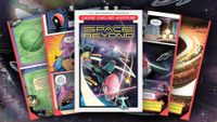 Several sci-fi comic book pages fanned out across a space background image.