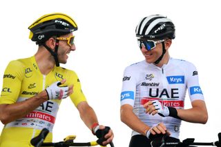 PAU FRANCE JULY 05 LR Adam Yates of United Kingdom and UAE Team Emirates Yellow leader jersey and Tadej Pogacar of Slovenia and UAE Team Emirates White best young jersey prior to stage five of the 110th Tour de France 2023 a 1627km stage from Pau to Laruns UCIWT on July 05 2023 in Pau France Photo by David RamosGetty Images