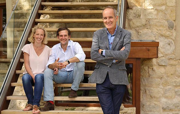 Grand Designs Kevin McCloud with Jaime and Mimi in the remodelled follly in Buckinghamshie