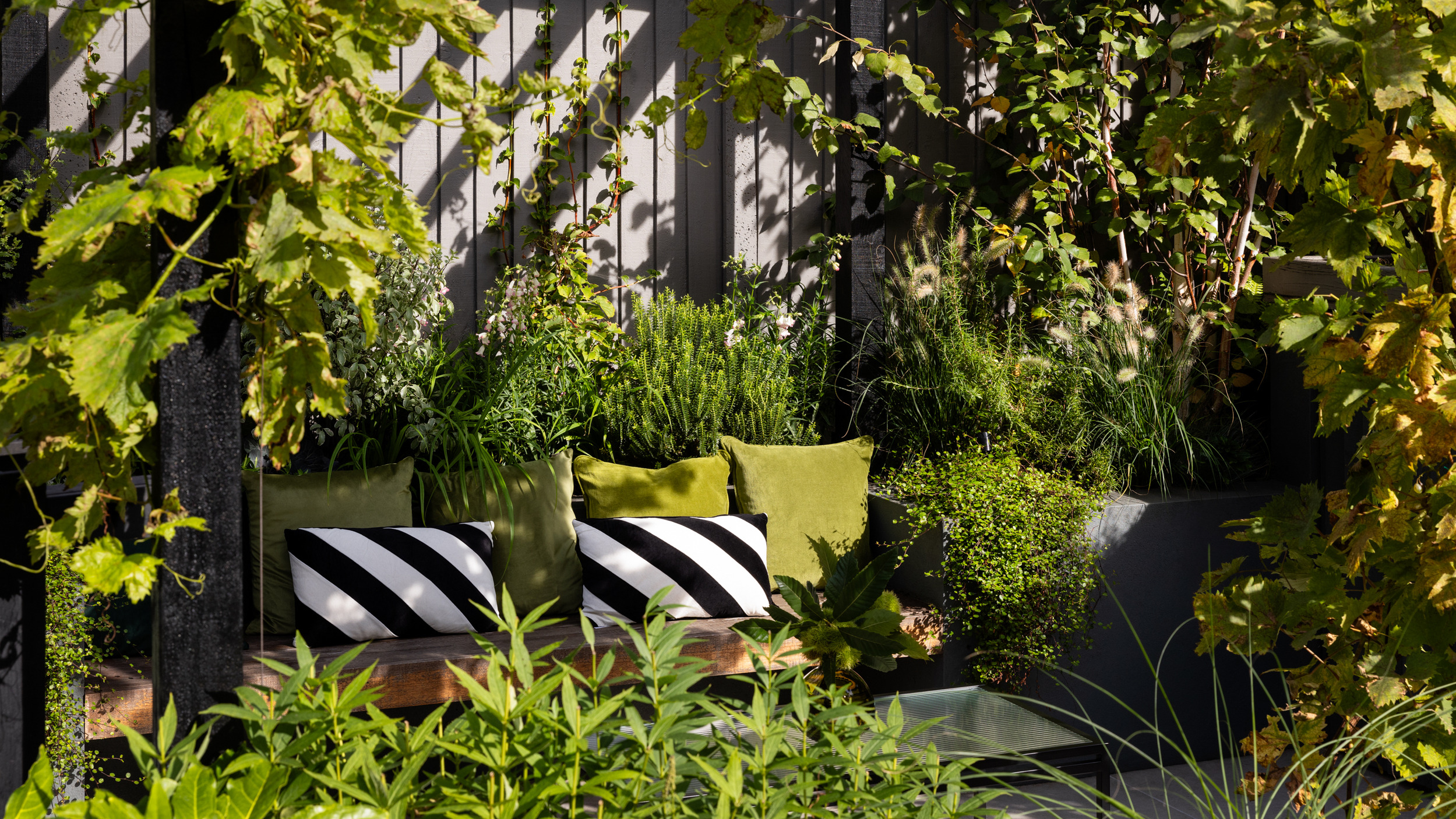 seating area under a living pergola canopy in a garden