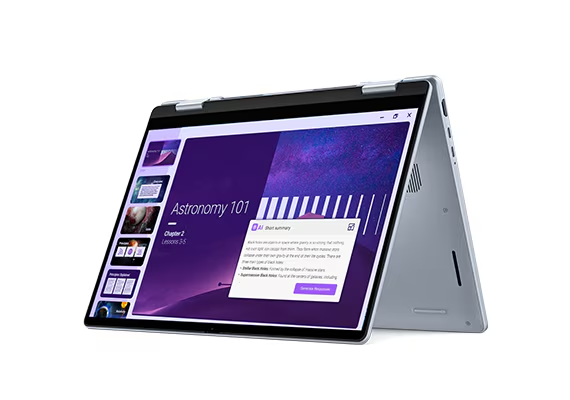 The Dell 14 Plus 2-in-1 laptop in tent mode.