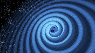 An illustration of gravitational waves being emitted by binary black holes spiraling towards a merger
