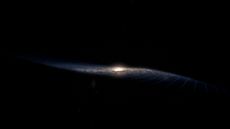 An illustration of the Milky Way on a black background, with the galaxy's edges drooping down on one side and lifting up on the other