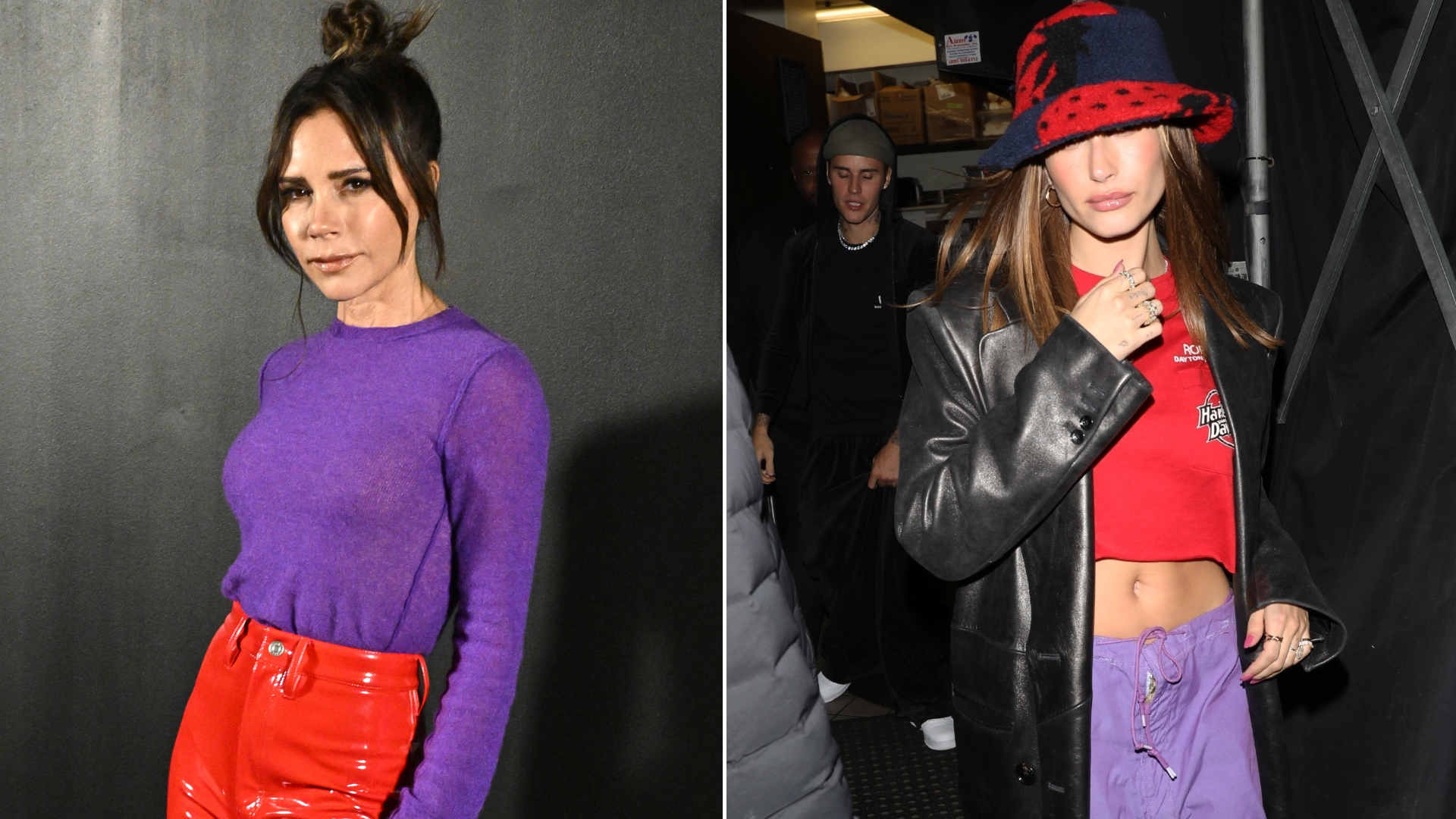 collage of celebrities wearing the red-and-purple color combination trend for The A-List Edit