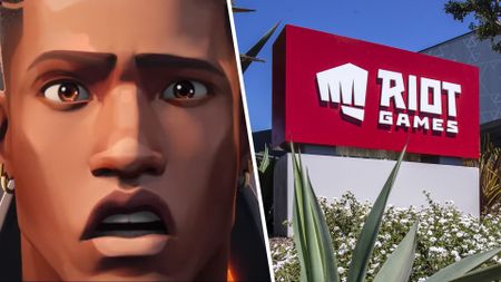 A Valorant character on the left and a Riot Games sign on the right.