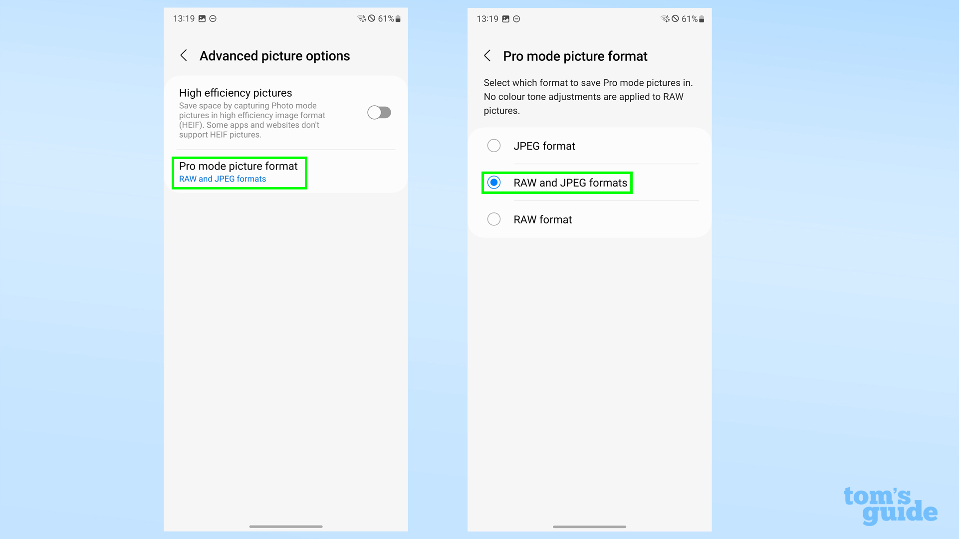 Два снимка экрана меню «Дополнительные параметры изображения» Samsung Galaxy S23, показывающие, как включить фотографии в формате RAW.