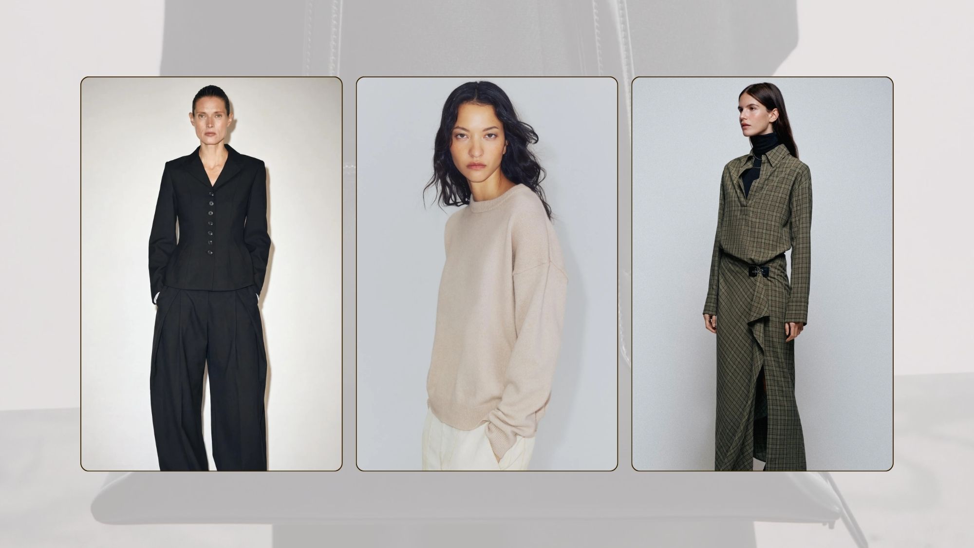 Close-up shots of models wearing - a black waisted blazer and barrel trousers, cream cashmere-wool knit and white trousers, black turtleneck top and green check midi dress with a belt - all from Zara