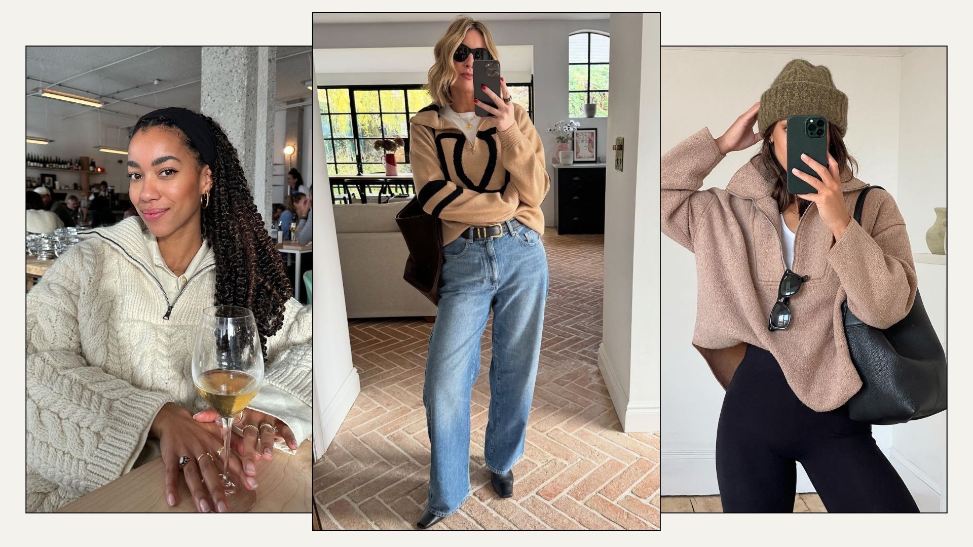 influencers wearing outfits with quarter-zip knitwear